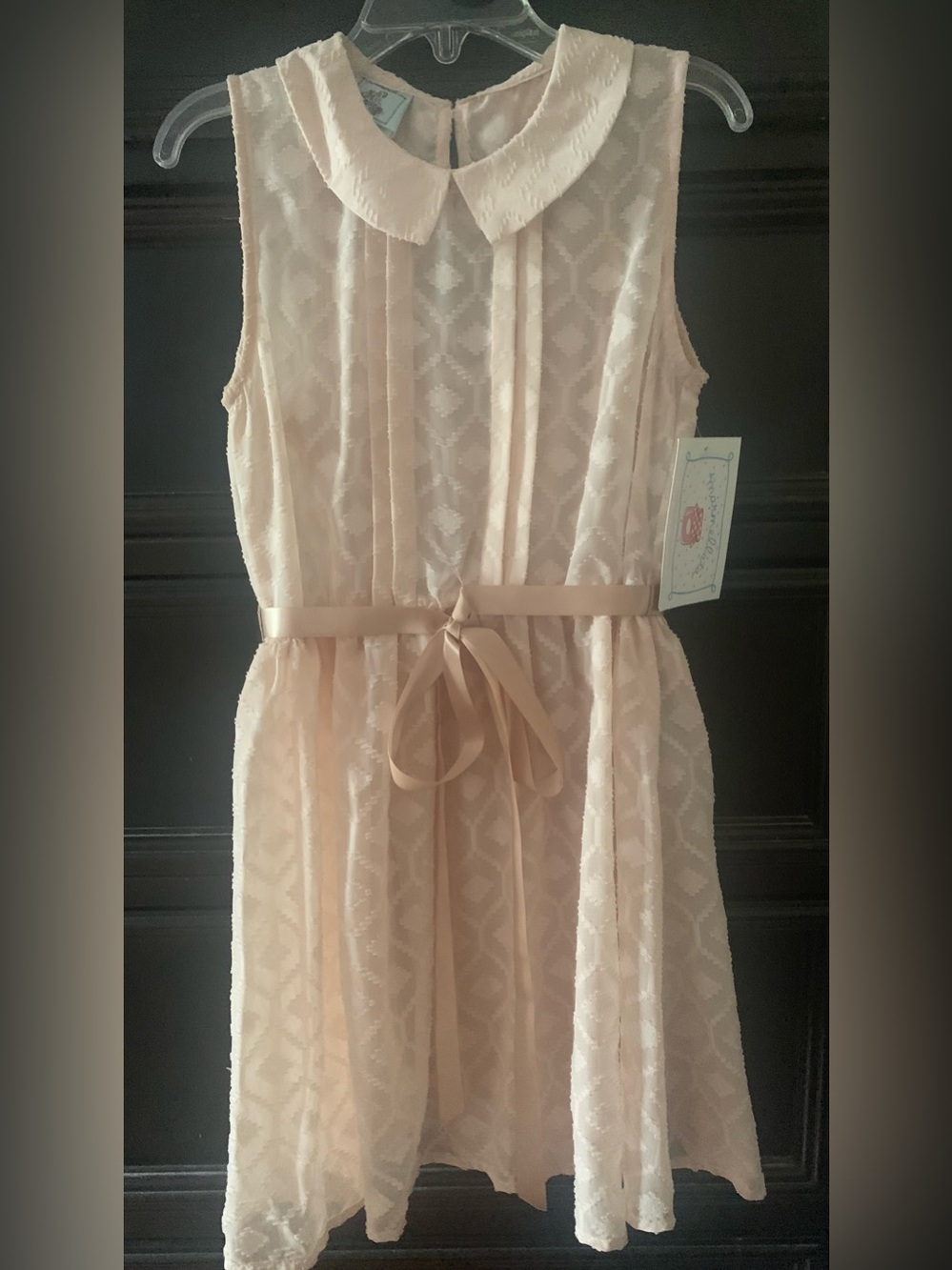 Girls' Blush Sleeveless Lace Dress with Ribbon Tie